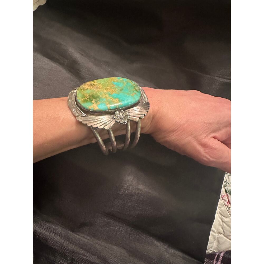 VINTAGE 70's 80's HUGE HEAVY SIGNED NAVAJO CARVED STERLING TURQUOISE CUFF UNISEX - Picture 14 of 14